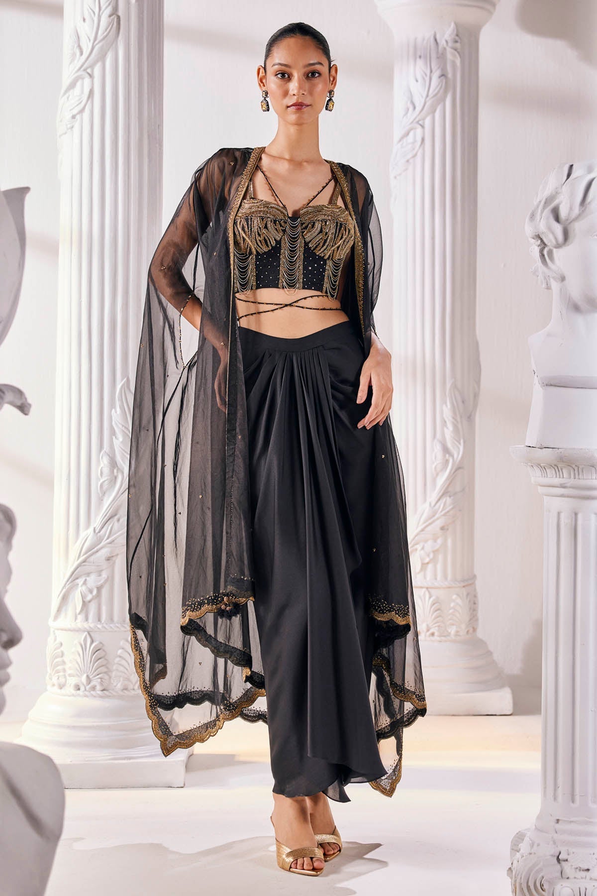 Buy Black Drape Indo-Western Set by Mandira Wirk